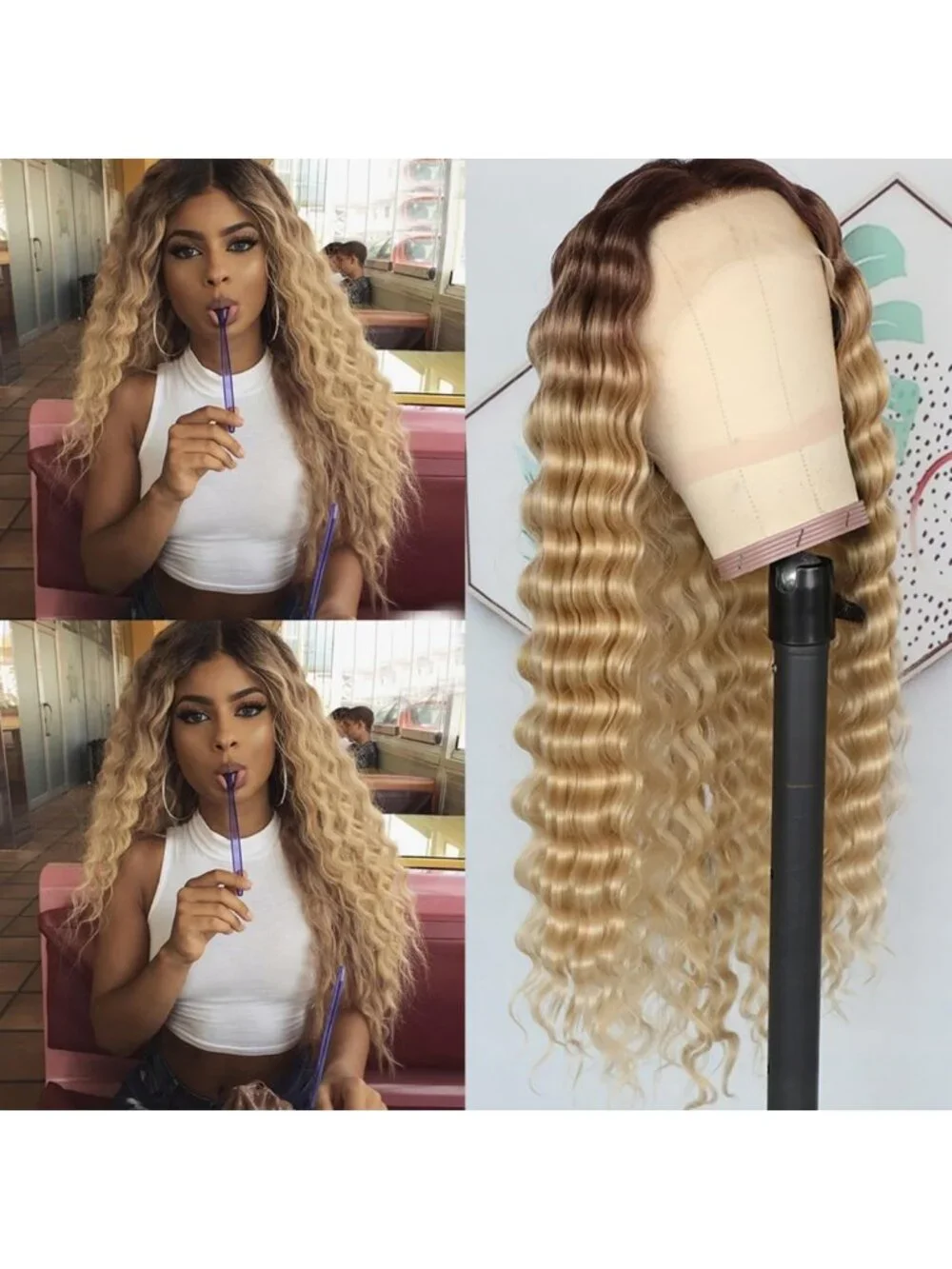 Long Brown Blonde Kinky Curly Lace Front Wig - Heat Resistant, Soft, Glueless